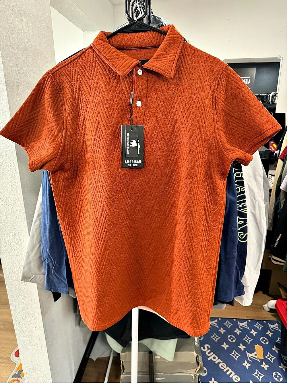 American Stitch Textured Polo Tee & Shorts Set Orange Medium NWT